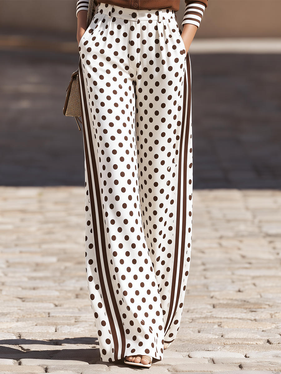 Vacation-style V-neck Long-sleeve Top And Polka-dot Trousers Set