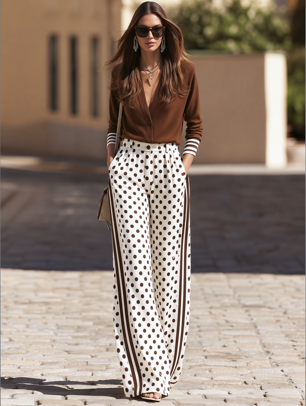 Vacation-style V-neck Long-sleeve Top And Polka-dot Trousers Set