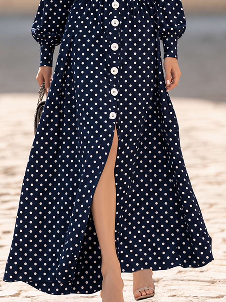 Resort-style Collared Long-sleeved Polka Dot Slit Maxi Dress