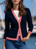 Women's Striped Trim Navy V-Neck Knit Cardigan