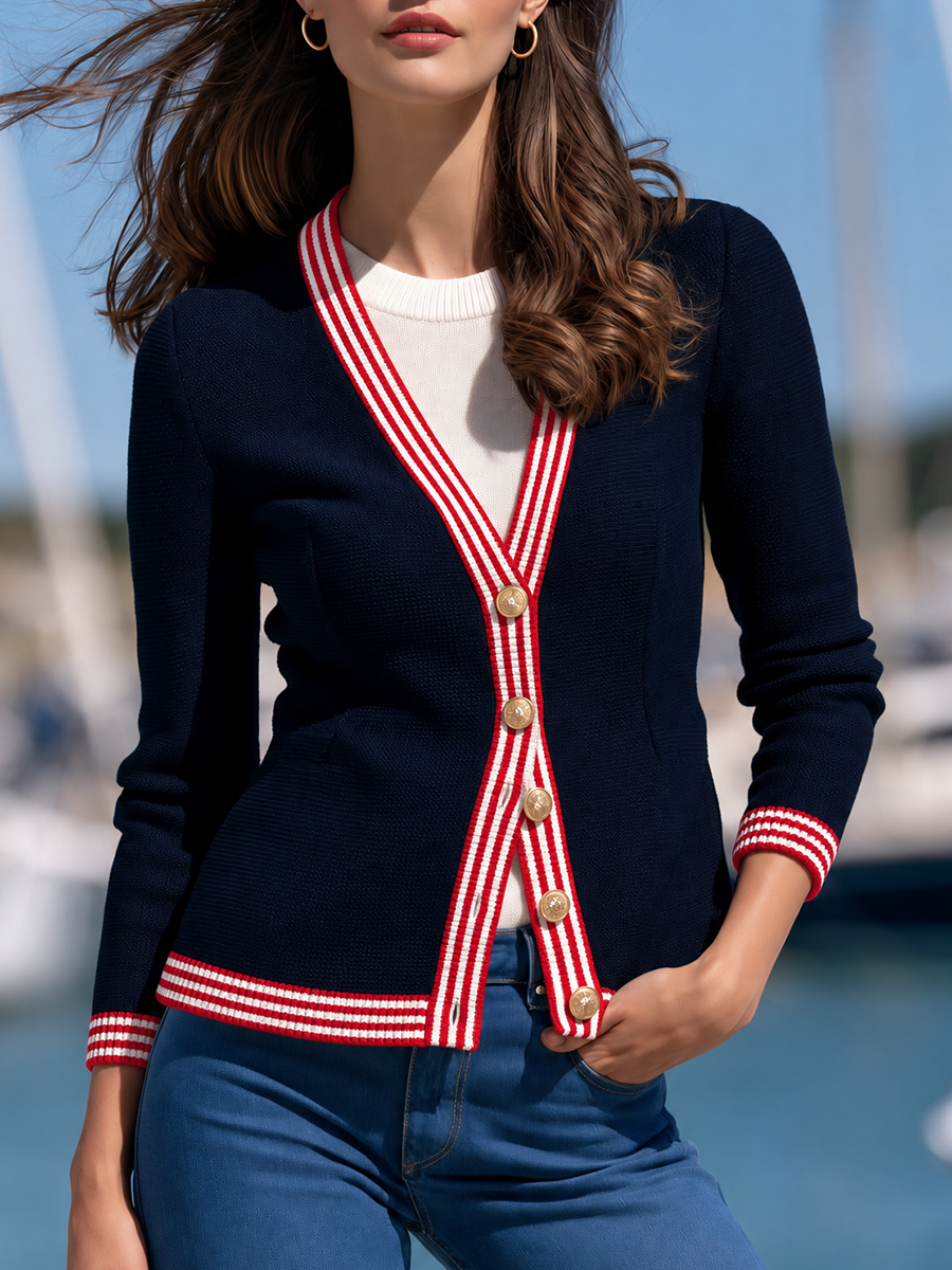 Women's Striped Trim Navy V-Neck Knit Cardigan