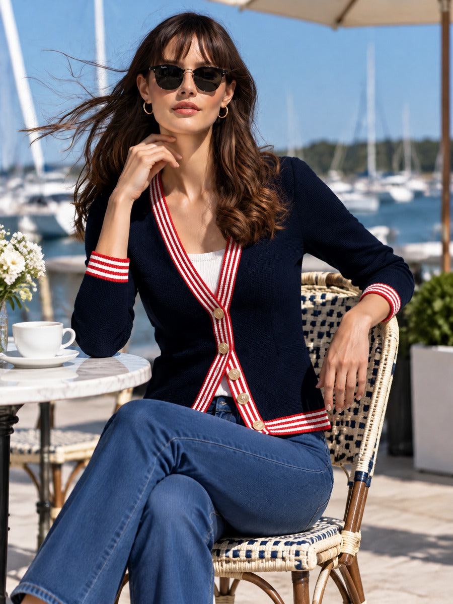 Women's Striped Trim Navy V-Neck Knit Cardigan