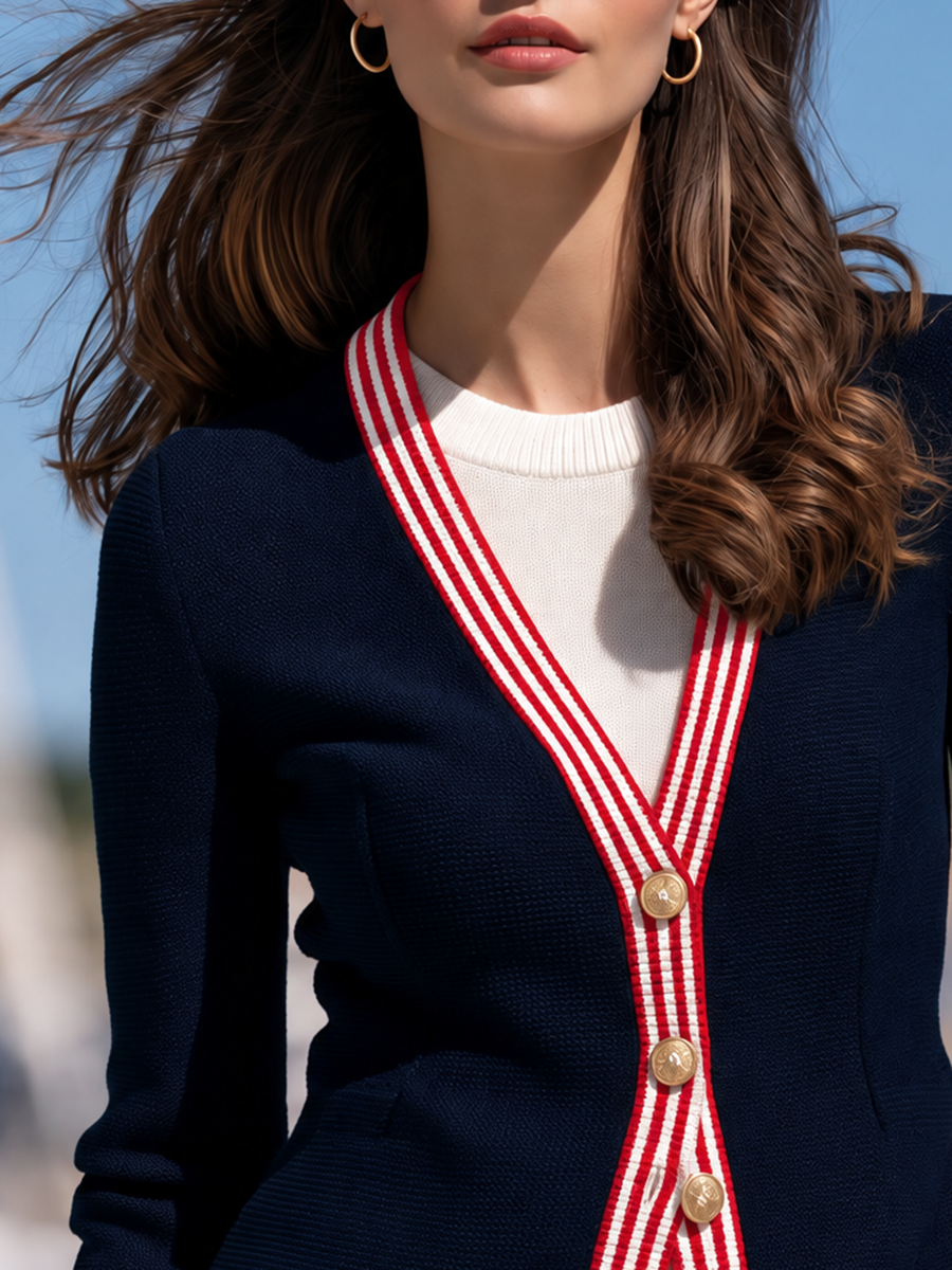 Women's Striped Trim Navy V-Neck Knit Cardigan