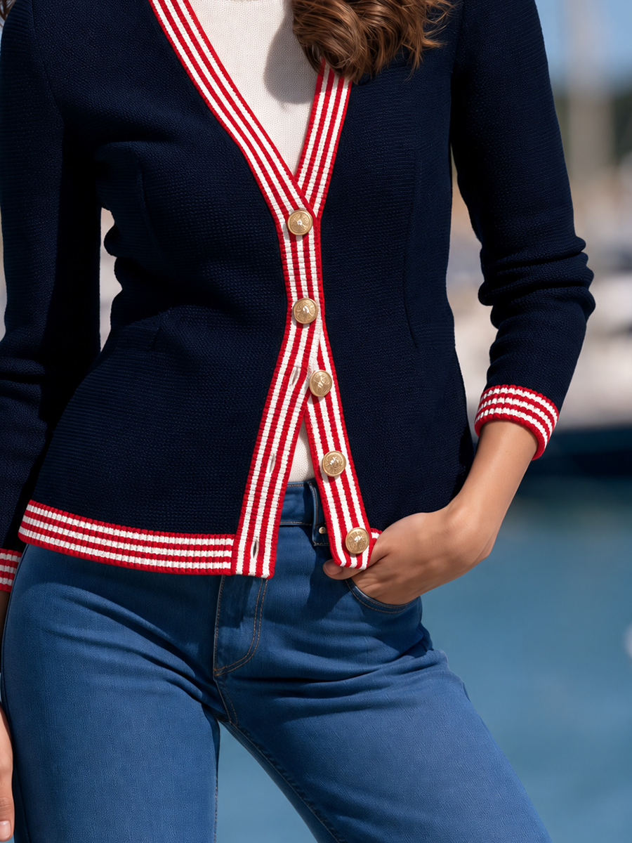 Women's Striped Trim Navy V-Neck Knit Cardigan