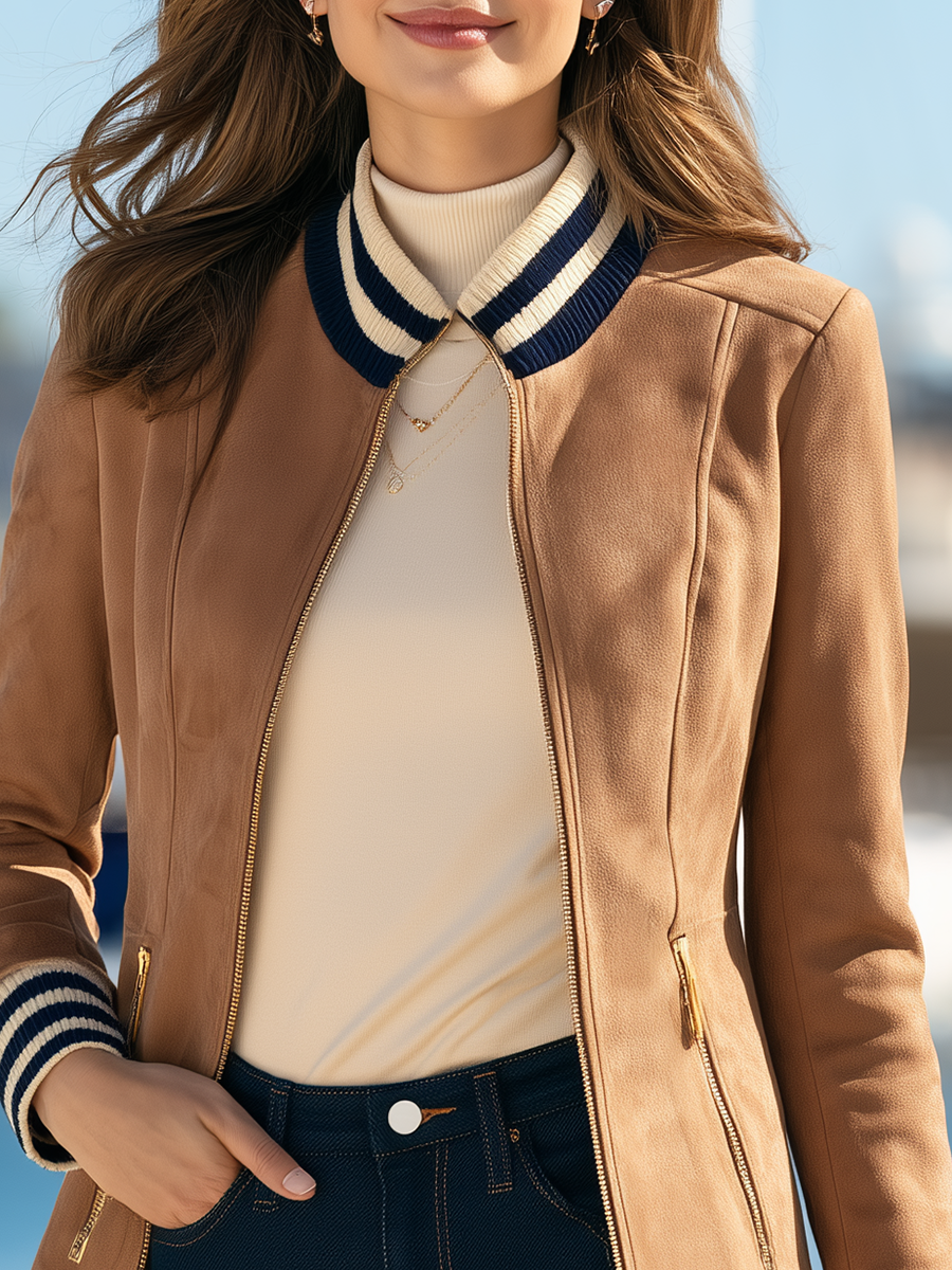 Old Money Navy Striped Rib Knit Collar and Cuffs Camel Faux Suede Coat