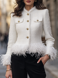 White Tweed Fringe Feather Trim Stand Collar Cropped Jacket