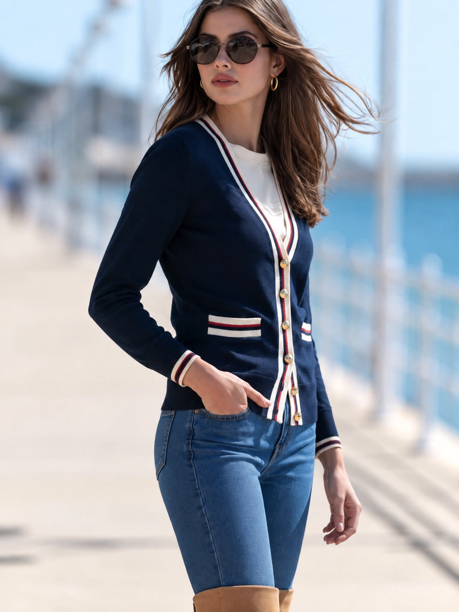 Striped Contrast Trim V-Neck Knit Cardigan