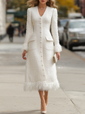 Fringe Trim Tweed Button-Front Coat