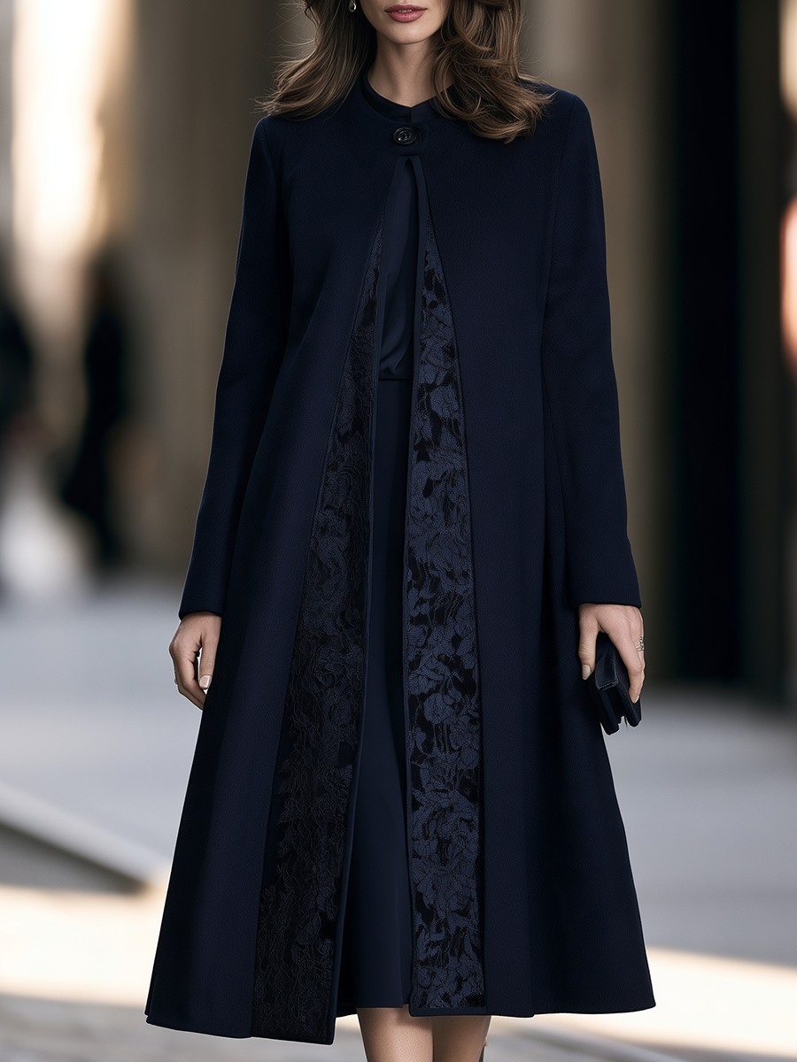 Lace Panel Single-Button Fit And Flare Midi Coat