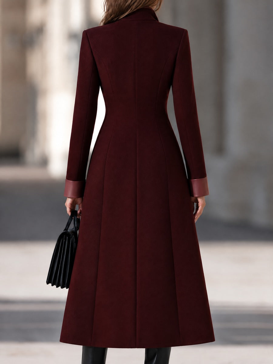 Funnel-Neck Zip-Front A-Line Coat With Contrast Cuffs