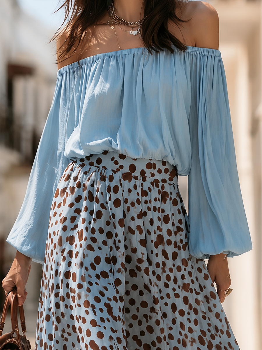 Off-Shoulder Puff Sleeve Top Dotted Print Flowy Maxi Skirt Set