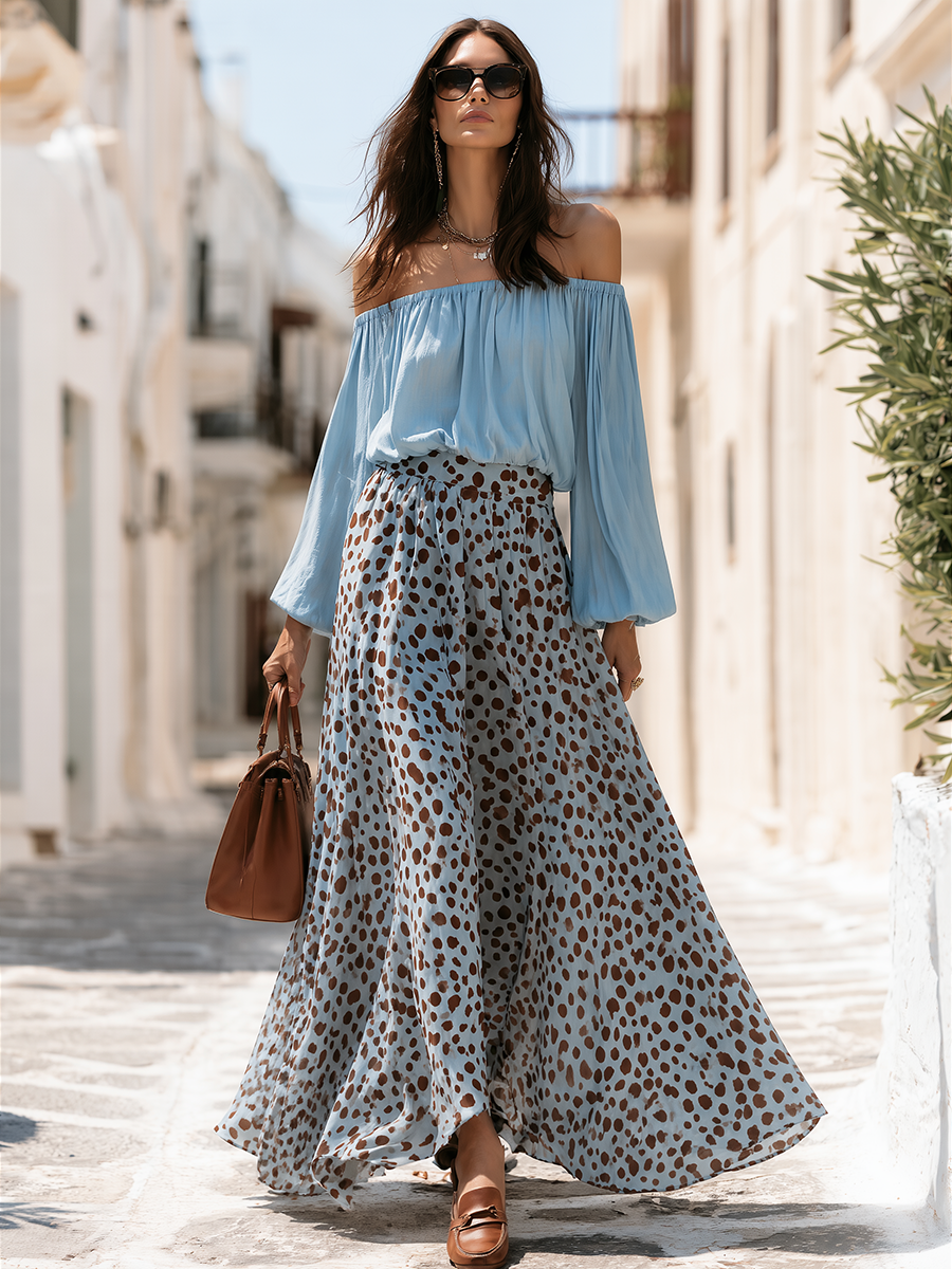 Off-Shoulder Puff Sleeve Top Dotted Print Flowy Maxi Skirt Set