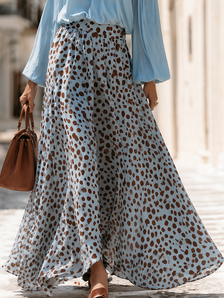 Off-Shoulder Puff Sleeve Top Dotted Print Flowy Maxi Skirt Set