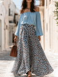 Off-Shoulder Puff Sleeve Top Dotted Print Flowy Maxi Skirt Set