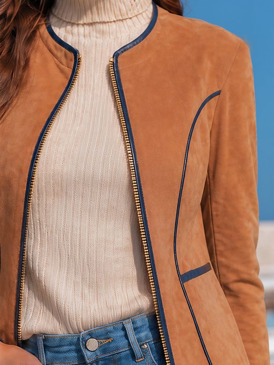 Round Collar Navy Piping Gold Zipper Camel Faux Suede Slim Fit Jacke