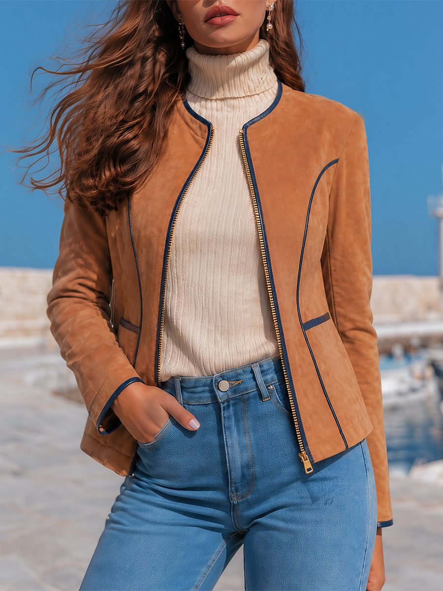 Round Collar Navy Piping Gold Zipper Camel Faux Suede Slim Fit Jacke