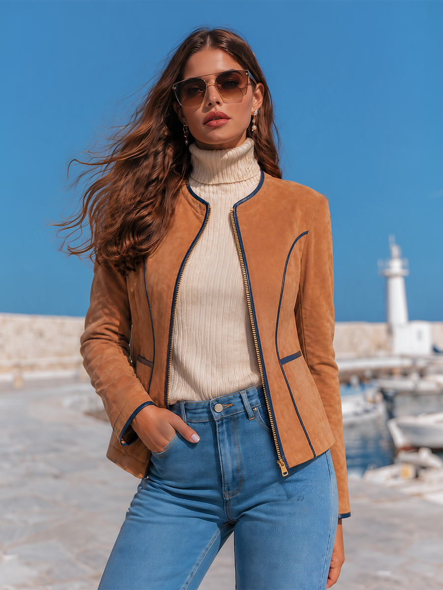 Round Collar Navy Piping Gold Zipper Camel Faux Suede Slim Fit Jacke