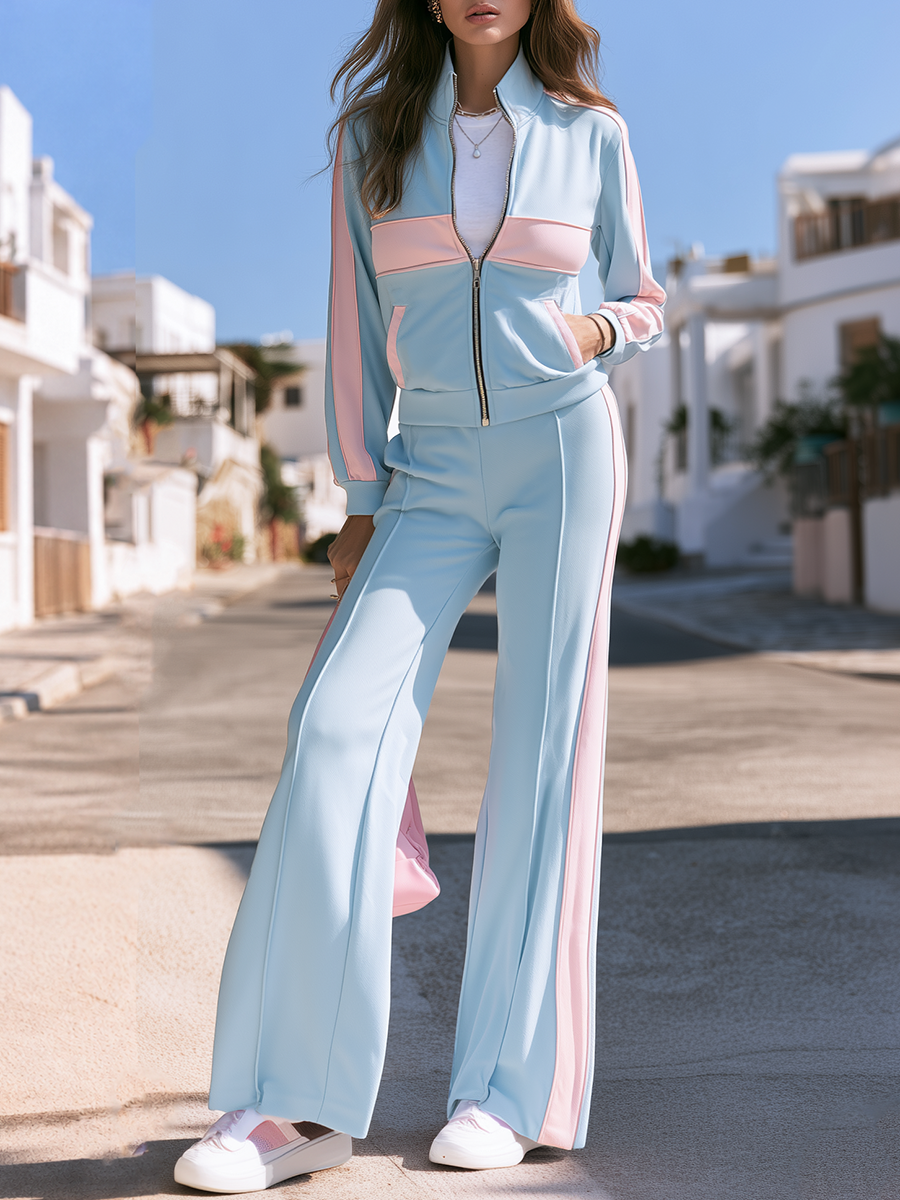 Light Blue Pink Color Block Side Stripe Zip-Up Track Set