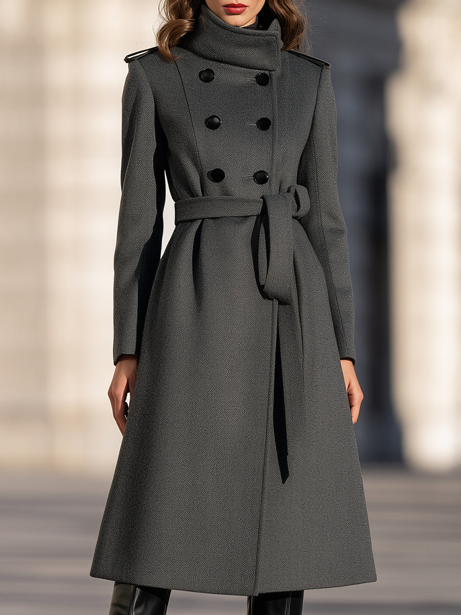 Double-Breasted Belted Funnel-Neck A-Line Coat