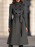Double-Breasted Belted Funnel-Neck A-Line Coat