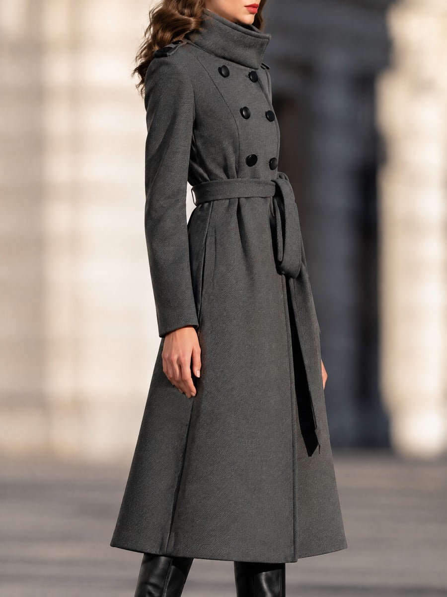 Double-Breasted Belted Funnel-Neck A-Line Coat