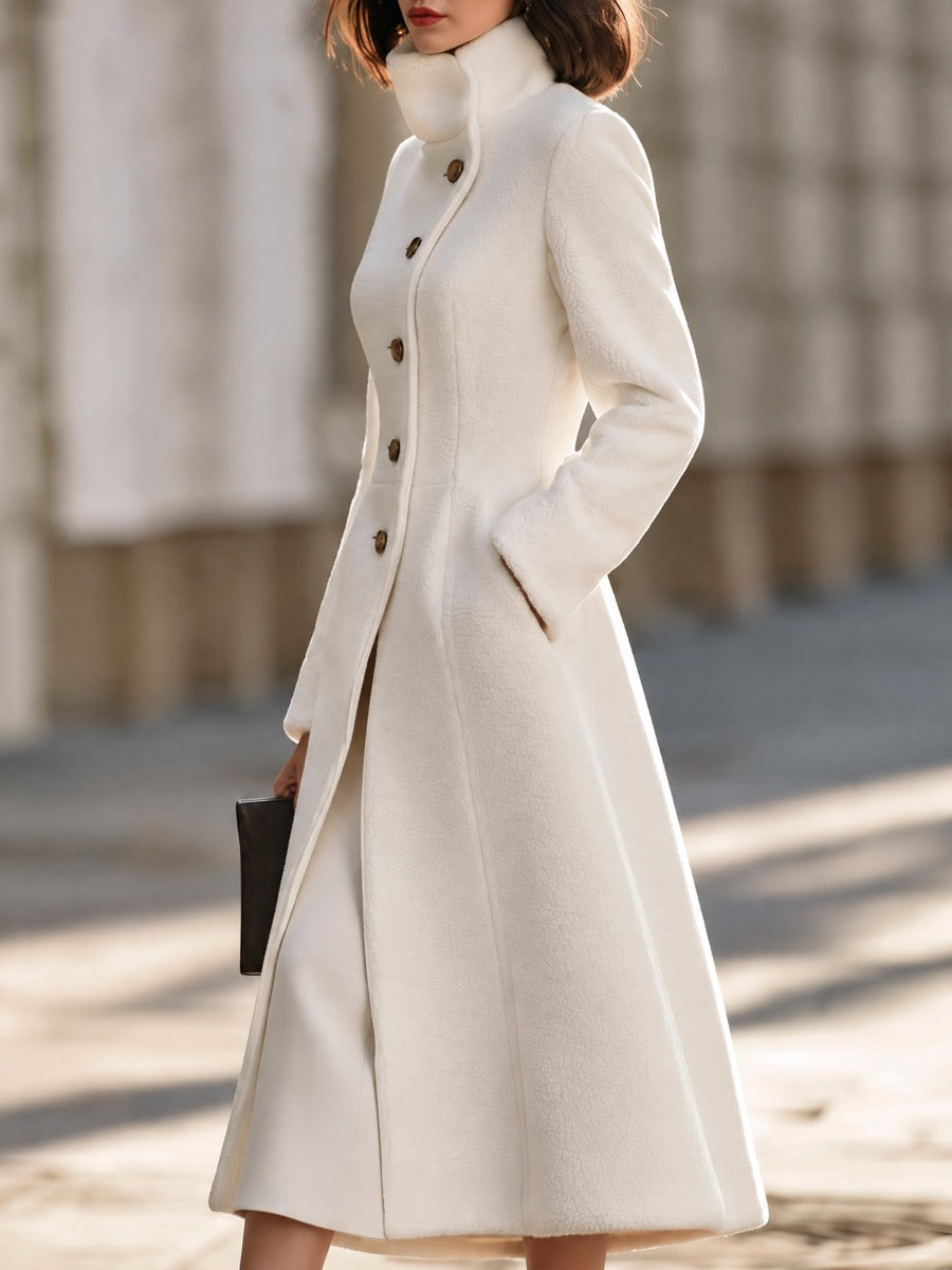 Button Front Stand Collar Sherpa Fleece Long Coat