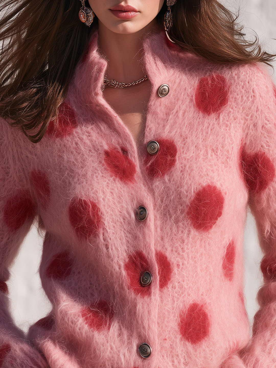 Elegant Retro Polka Dot Stand Collar Knit Cardigan