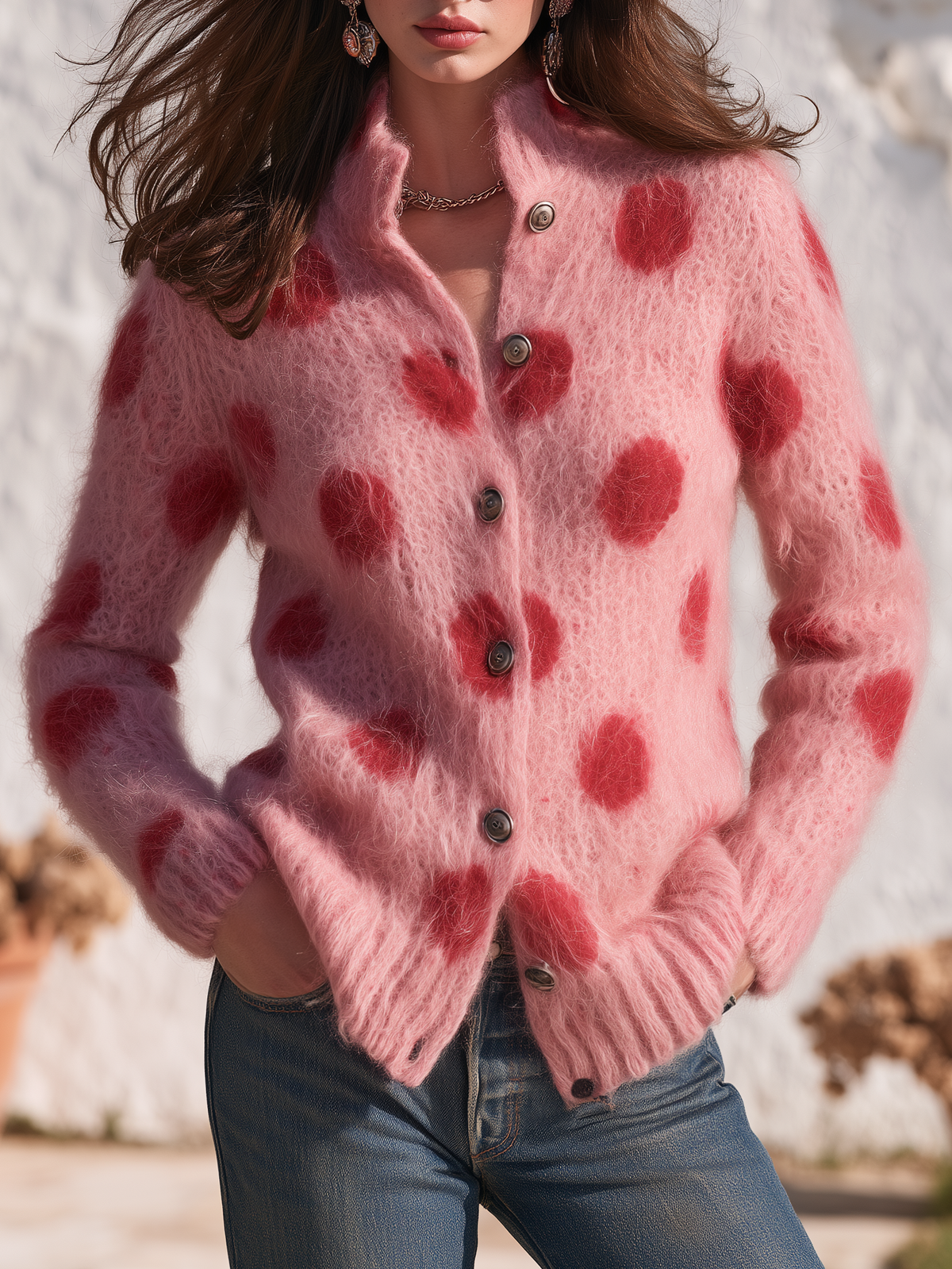 Elegant Retro Polka Dot Stand Collar Knit Cardigan
