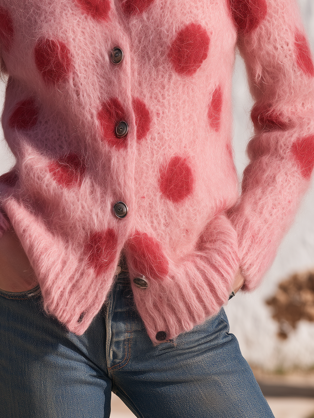 Elegant Retro Polka Dot Stand Collar Knit Cardigan