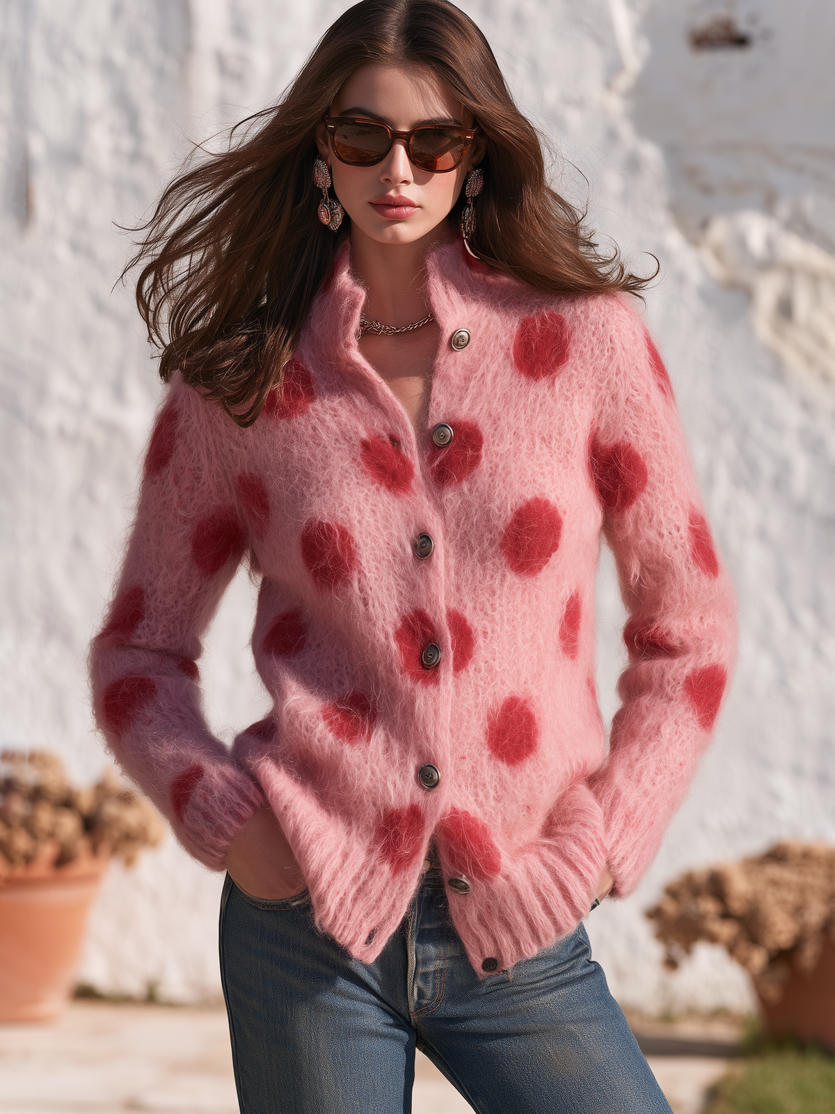 Elegant Retro Polka Dot Stand Collar Knit Cardigan