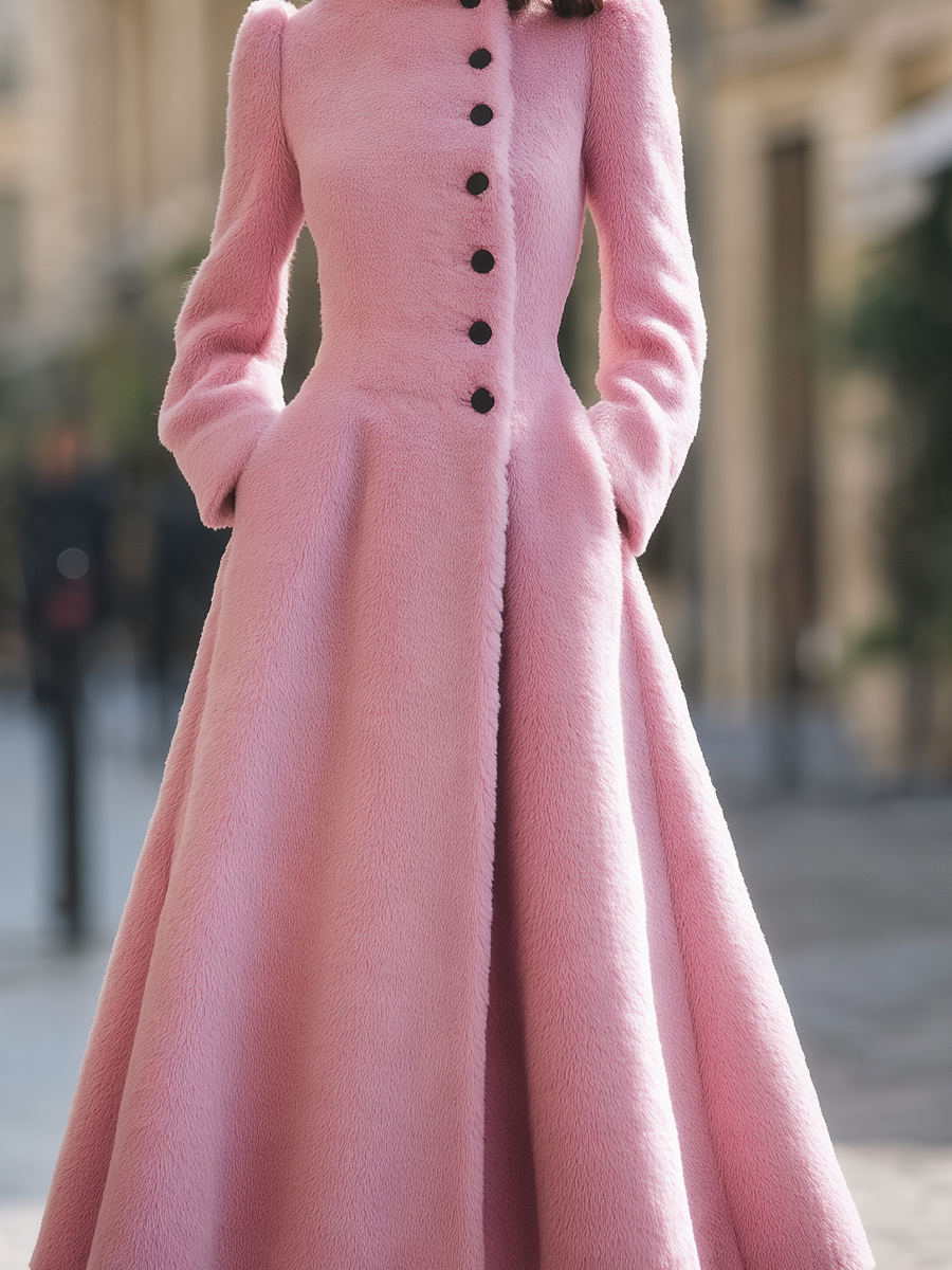 Pink Fuzzy High Neck Fit-and-Flare Midi Wool Coat