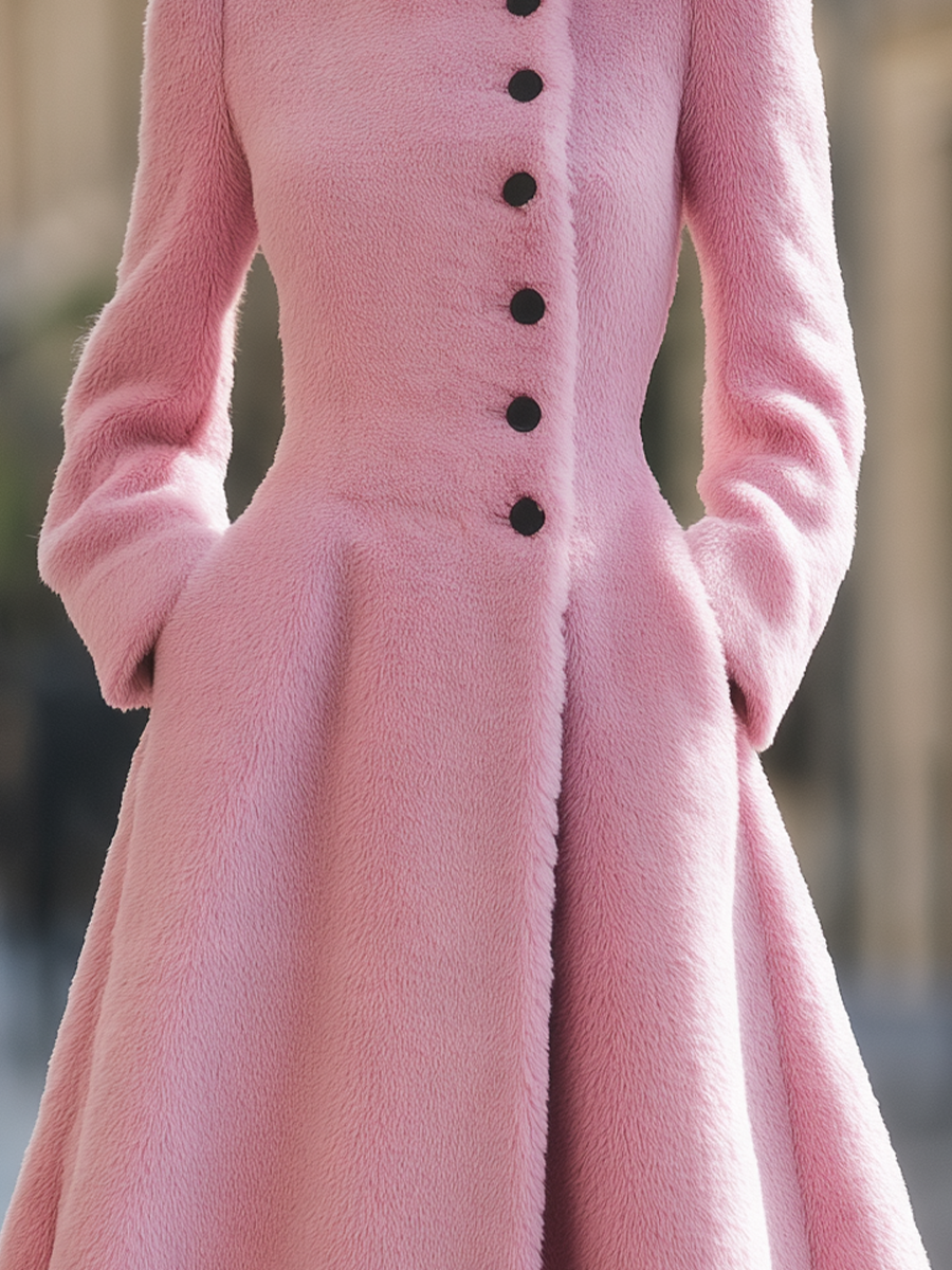 Pink Fuzzy High Neck Fit-and-Flare Midi Wool Coat