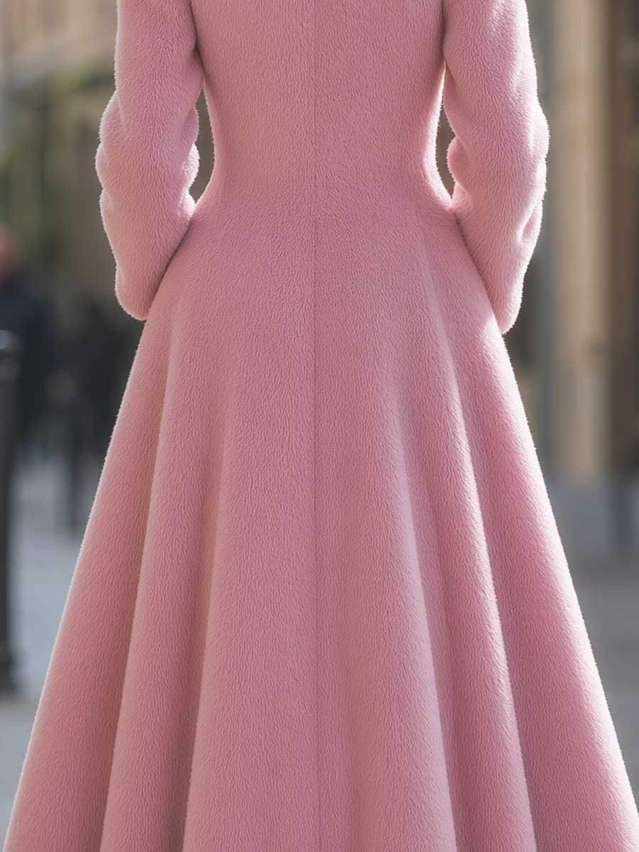 Pink Fuzzy High Neck Fit-and-Flare Midi Wool Coat