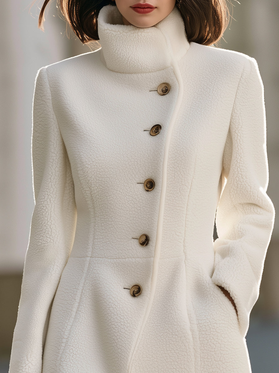 Button Front Stand Collar Sherpa Fleece Long Coat