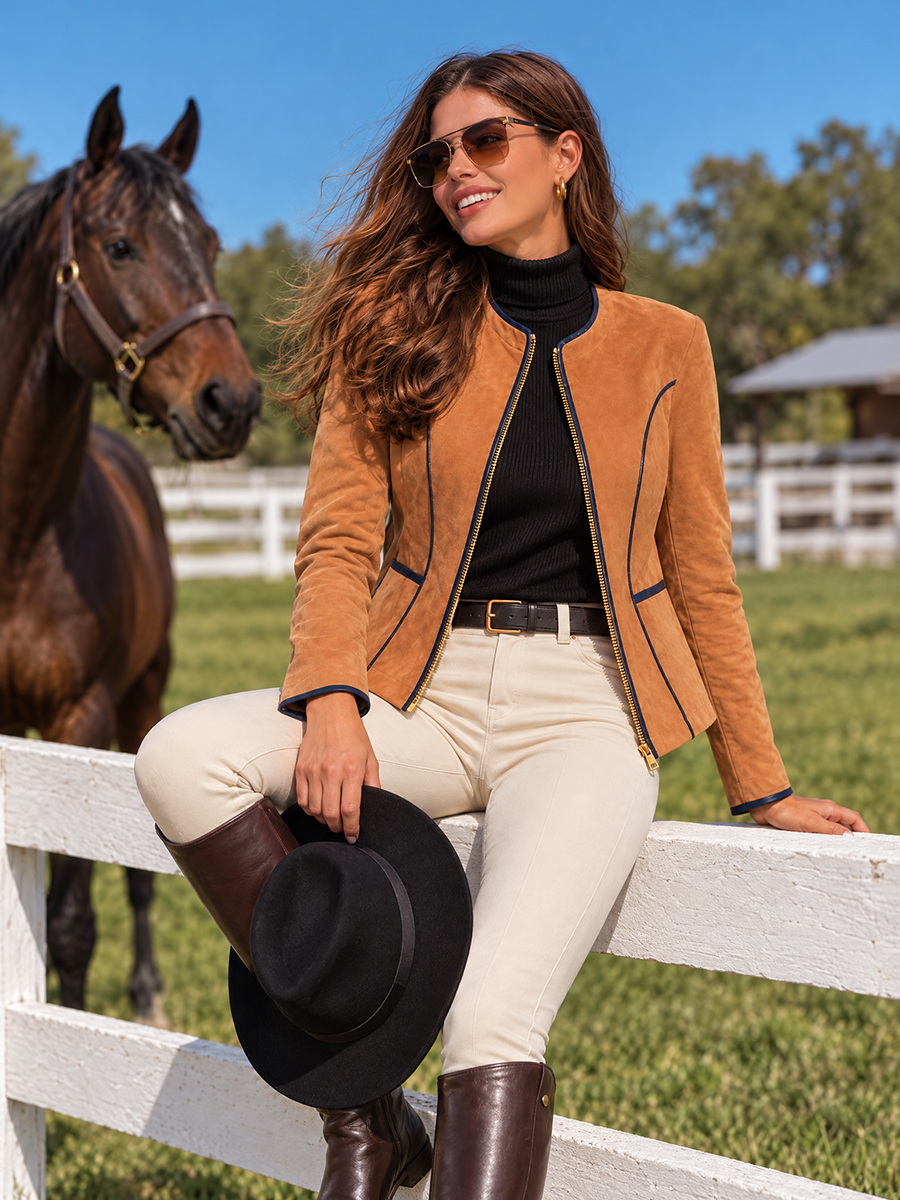 Round Collar Navy Piping Gold Zipper Camel Faux Suede Slim Fit Jacke