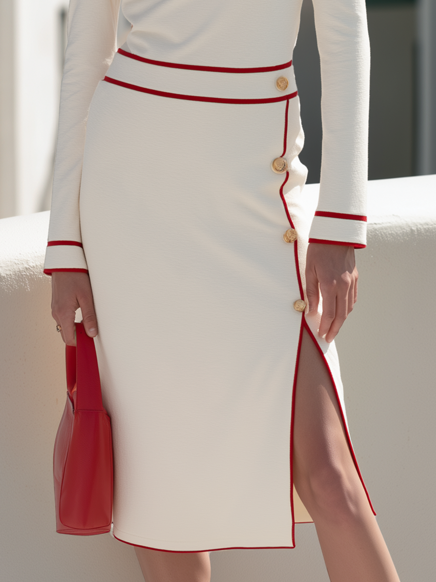 Off-Shoulder Red Contrast Trim Gold Button Bodycon Midi Dress