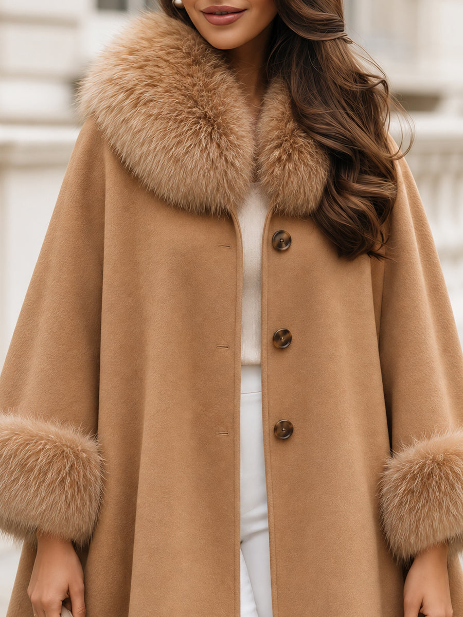 Wool Blend Cape Coat With Faux Fur Collar And Cuffs