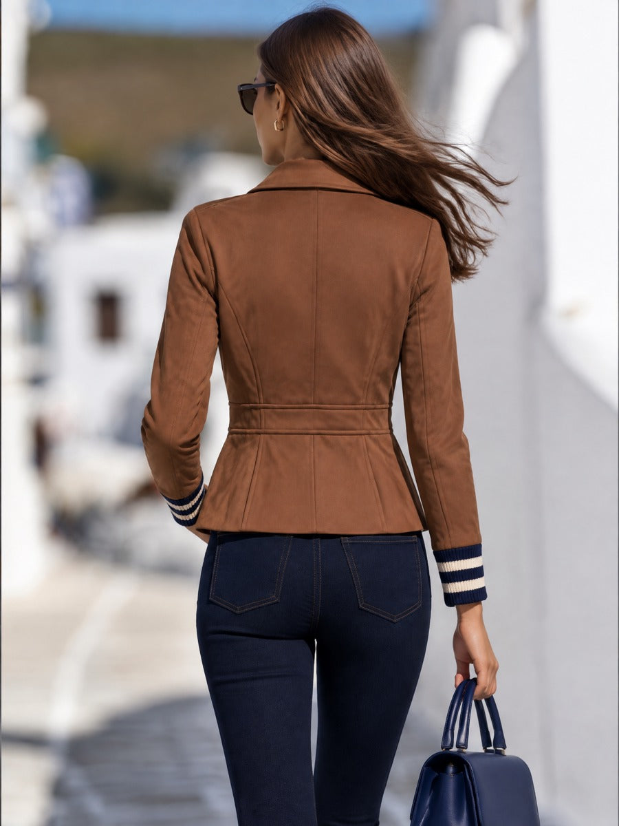 Women's Striped Cuffs Brown Faux Suede Button-Up Jacket