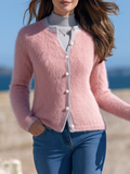 Women's Contrast Grey Trim Pink Fuzzy Knit Cardigan
