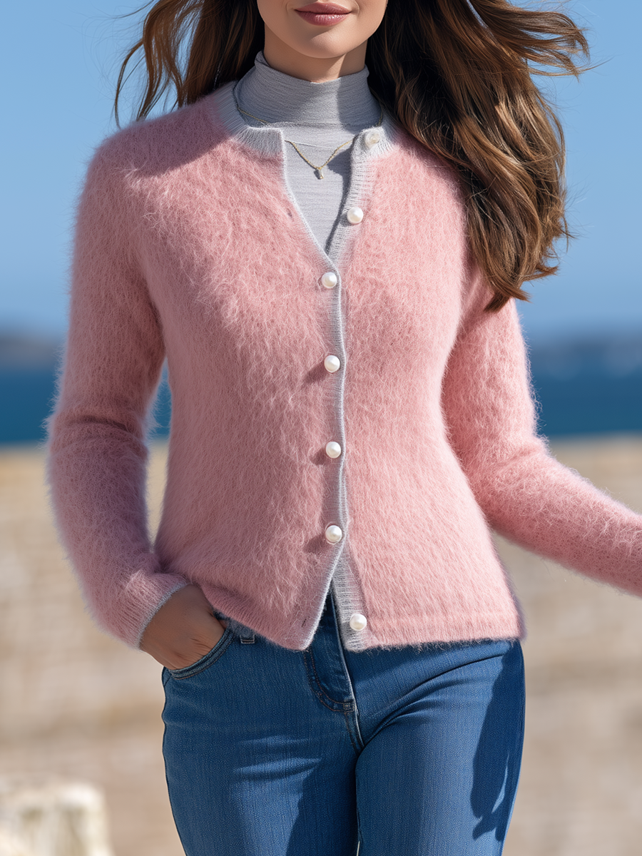 Women's Contrast Grey Trim Pink Fuzzy Knit Cardigan