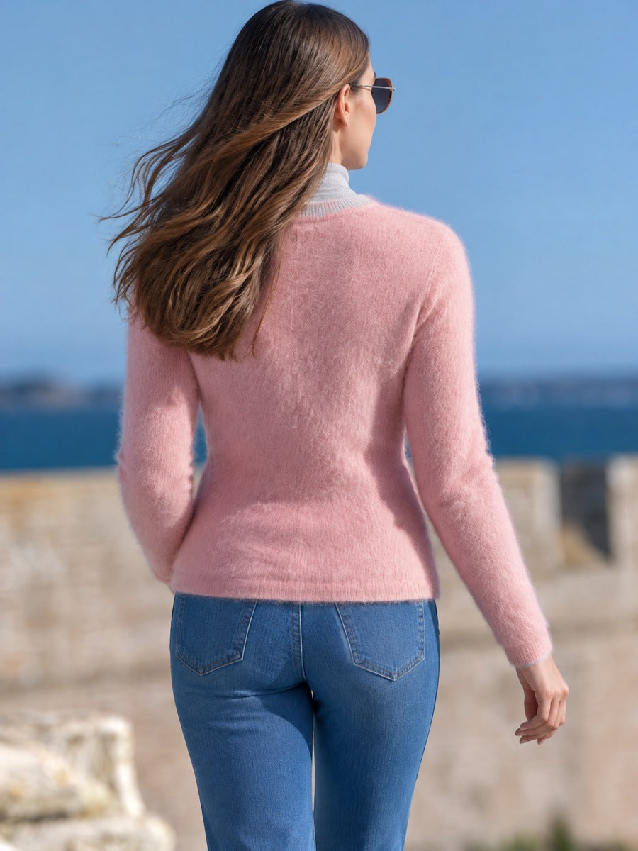 Women's Contrast Grey Trim Pink Fuzzy Knit Cardigan