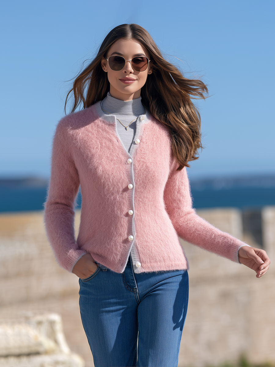 Women's Contrast Grey Trim Pink Fuzzy Knit Cardigan