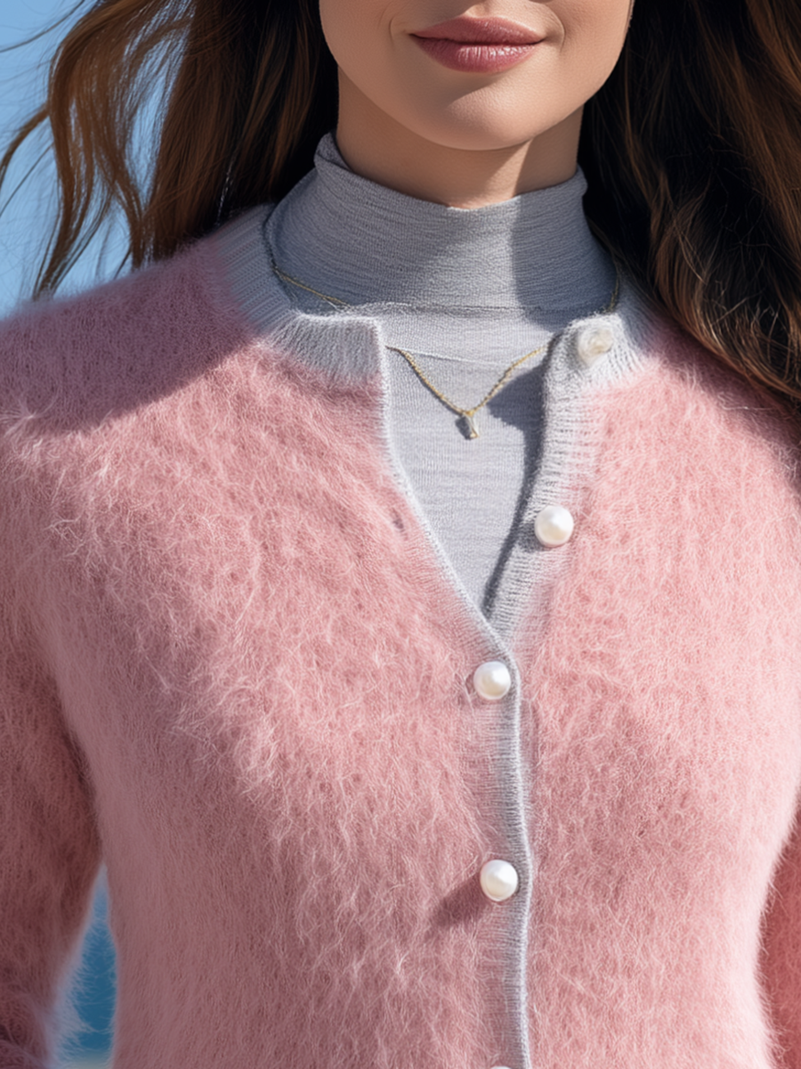 Women's Contrast Grey Trim Pink Fuzzy Knit Cardigan
