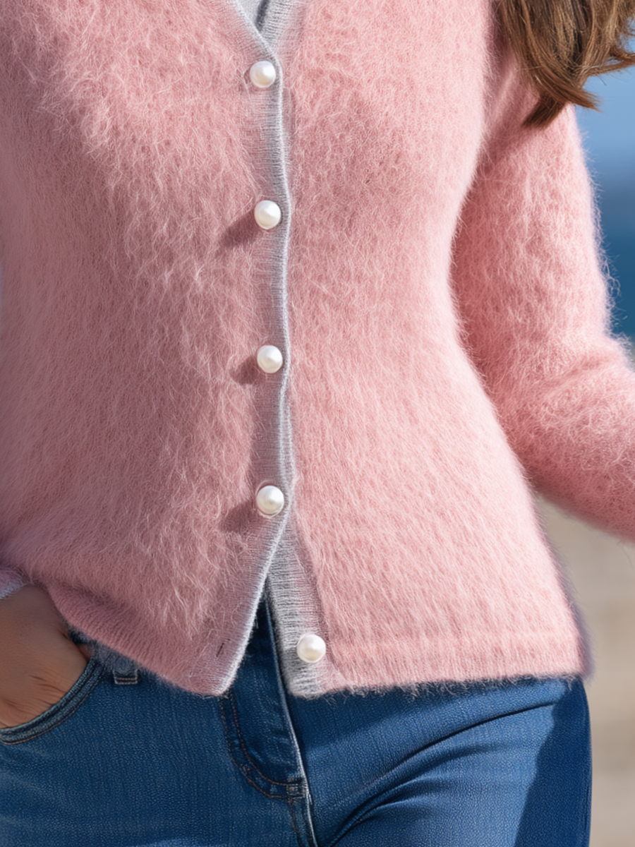 Women's Contrast Grey Trim Pink Fuzzy Knit Cardigan