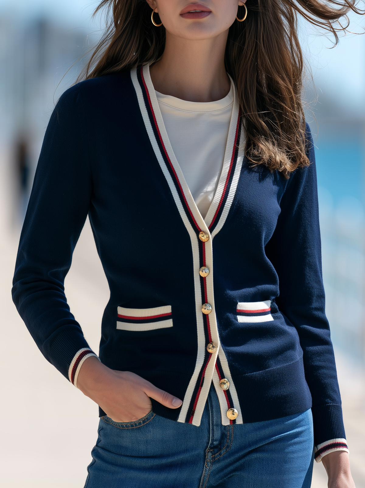Striped Contrast Trim V-Neck Knit Cardigan