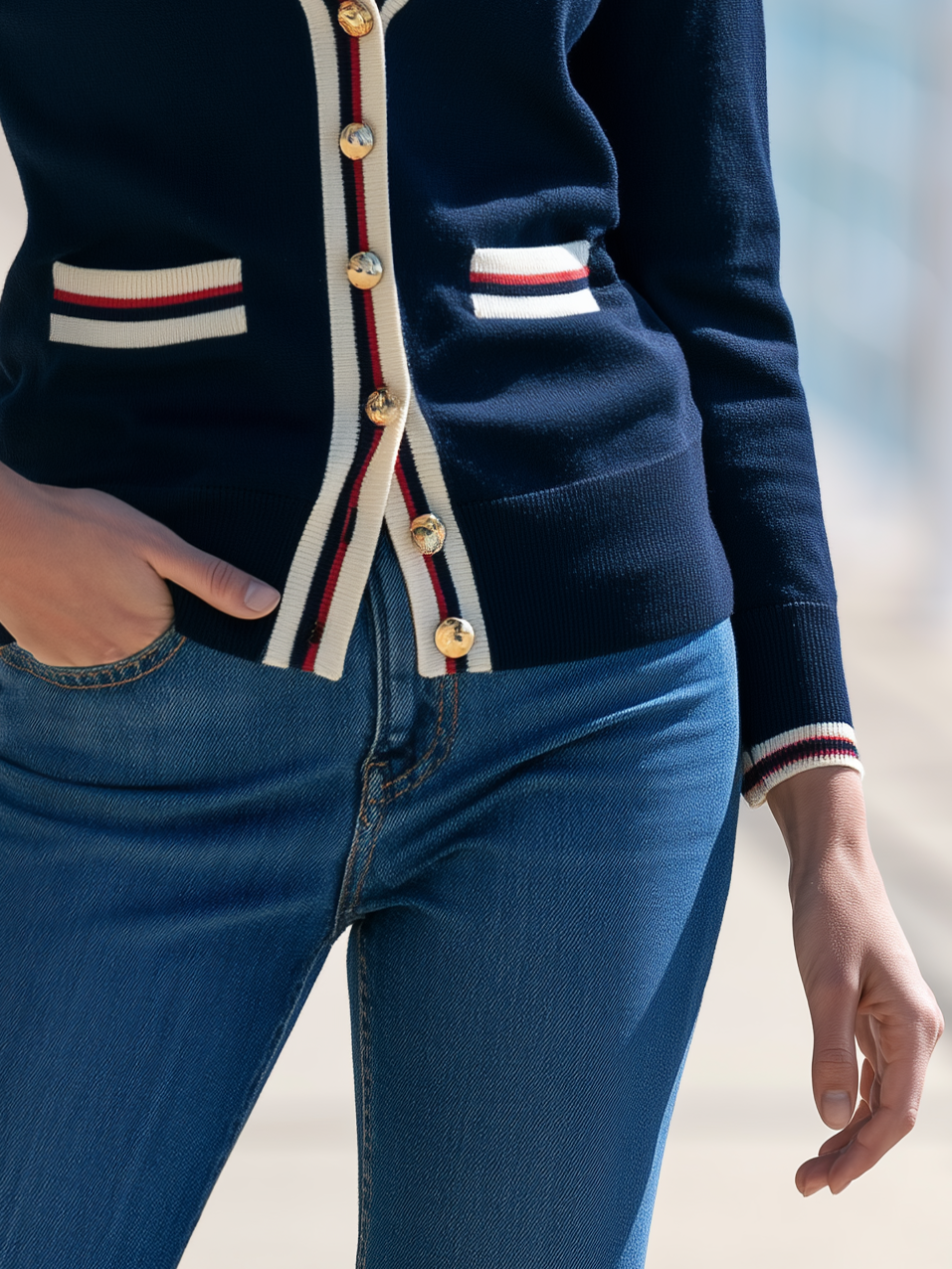 Striped Contrast Trim V-Neck Knit Cardigan