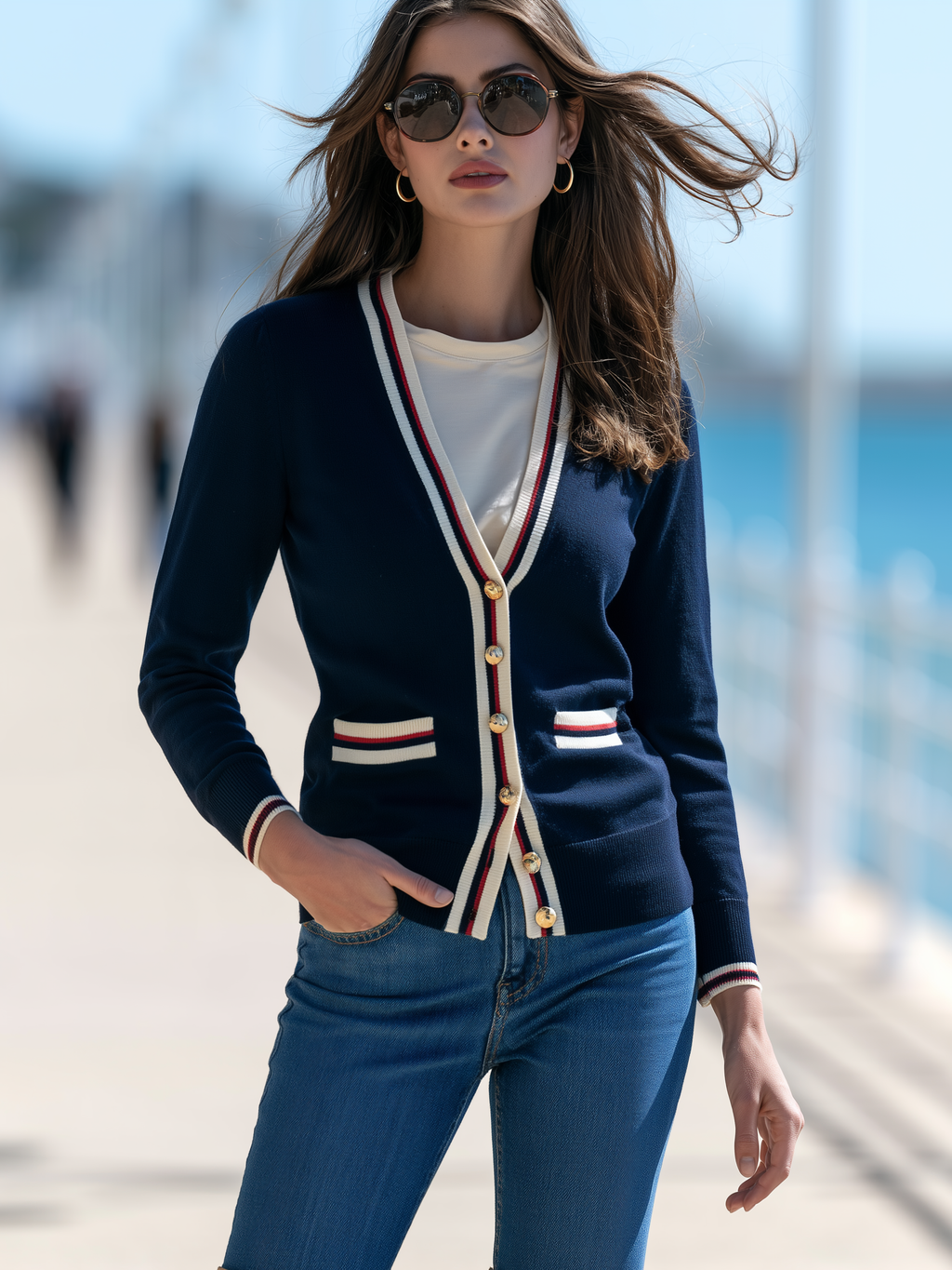 Striped Contrast Trim V-Neck Knit Cardigan