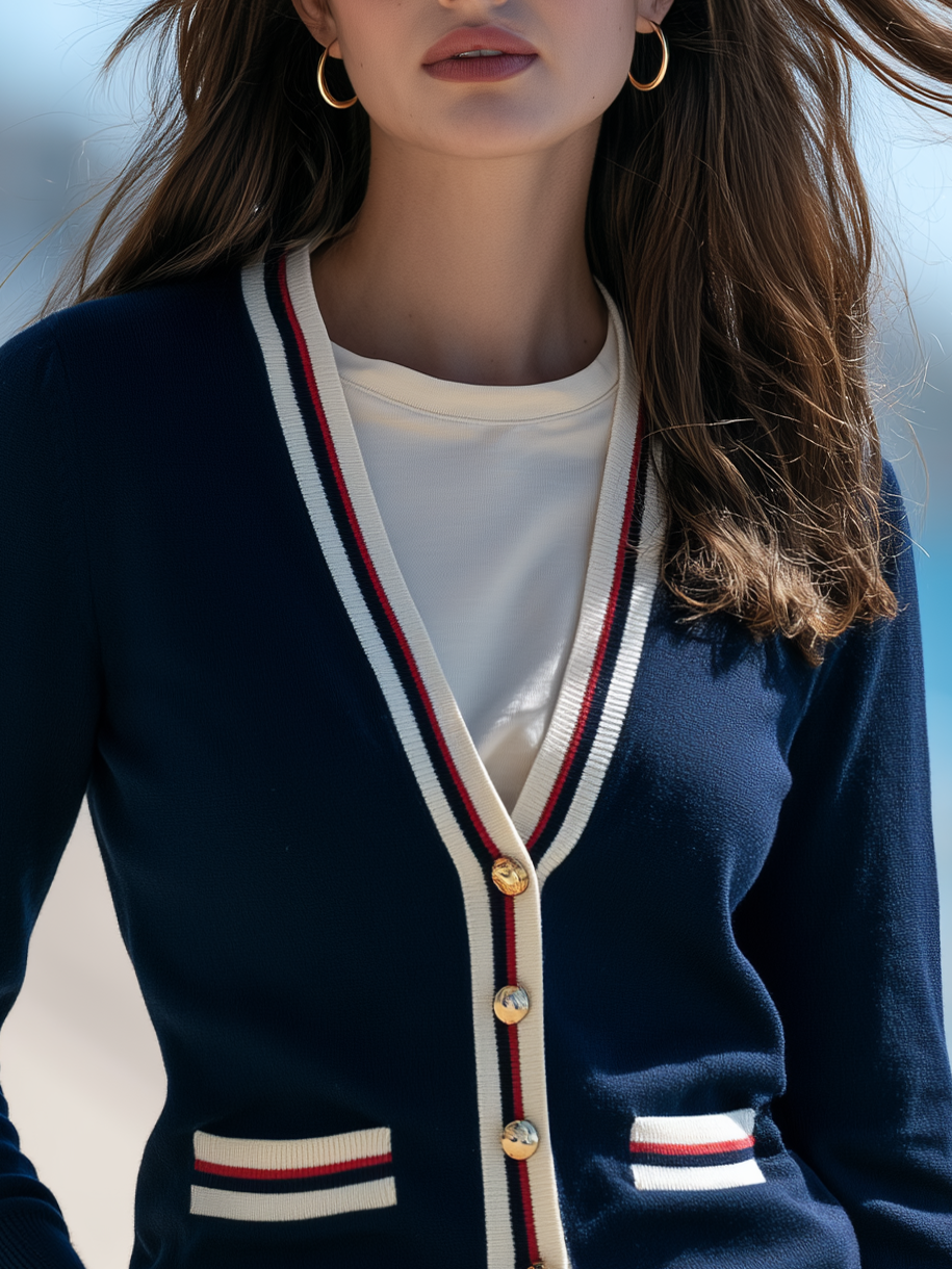 Striped Contrast Trim V-Neck Knit Cardigan