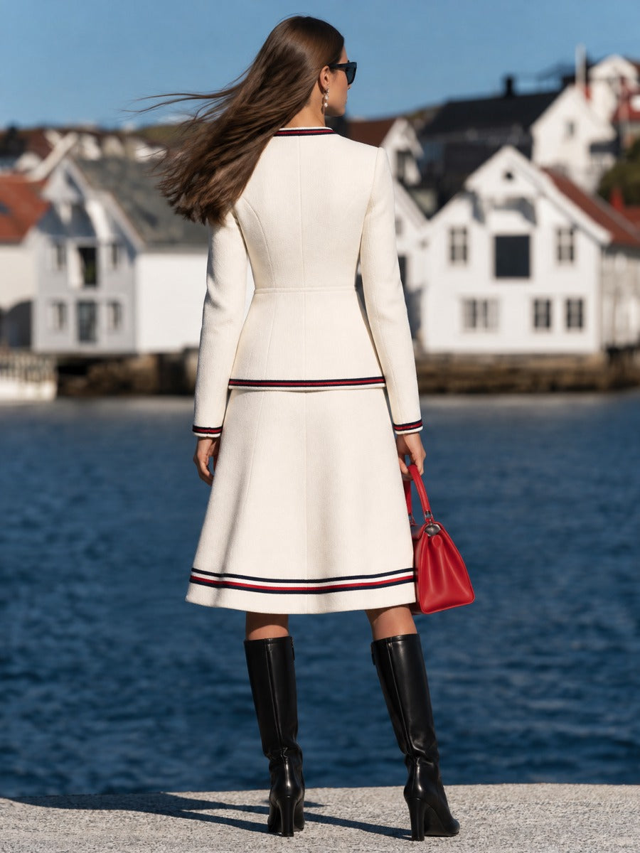 Classic Collarless Button-Front Jacket and A-Line Midi Skirt Ivory Textured Two-Piece Set