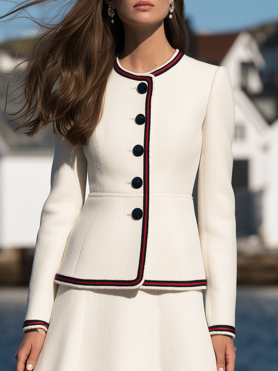 Classic Collarless Button-Front Jacket and A-Line Midi Skirt Ivory Textured Two-Piece Set